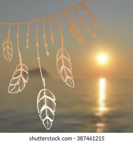 Beautiful  sea (ocean) sunset background with doodle feathers.Vector illustration for invitations, save the date cards and any design, with place for your text. Tribal elements. Boho, indian design