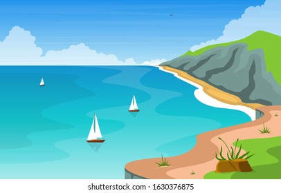 Beautiful Sea Panorama Beach Coast Bay Ocean Landscape Illustration