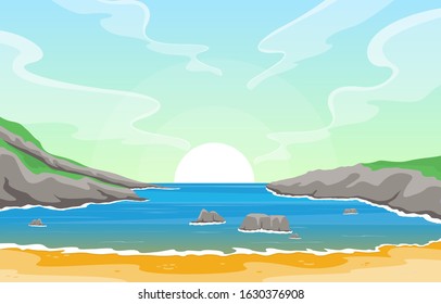 Beautiful Sea Panorama Beach Coast Bay Ocean Landscape Illustration