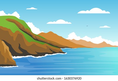 Beautiful Sea Panorama Beach Coast Bay Ocean Landscape Illustration