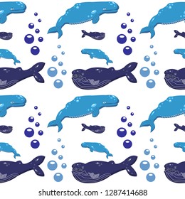 

beautiful sea pattern with the cartoon image of a blue whale and the sperm whale against the background of underwater bubbles