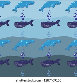 beautiful sea pattern with the image of a blue whale and the sperm whale