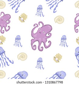 beautiful sea pattern with octopus jellyfish shells and pearls on white background