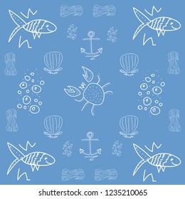 beautiful sea pattern on blue background with jellyfish ,shells, crabs ,skates, anchors and bubbles .