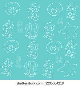 beautiful sea picture on a green background with the image of seashells of starfish water bubbles and jellyfish