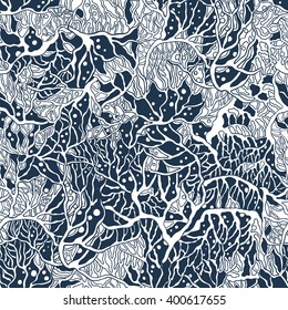 Beautiful sea red coral in deep water - doodle illustration - vector seamless pattern
