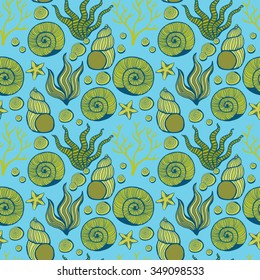 Beautiful sea shell set vector seamless pattern.
