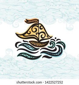 Beautiful sea and ship. Vector illustration