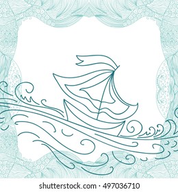 Beautiful sea and ship. Vector illustration.