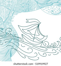 Beautiful sea and ship. Vector illustration.