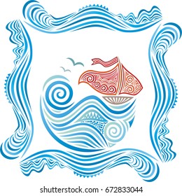 Beautiful sea and ship. Vector illustration.