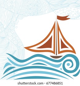 Beautiful sea and ship. Vector illustration.