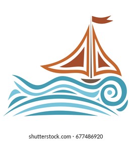 Beautiful sea and ship. Vector illustration.