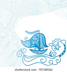 Beautiful sea and ship. Vector illustration.