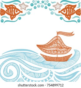 Hermoso mar y barco. Ilustración vectorial.