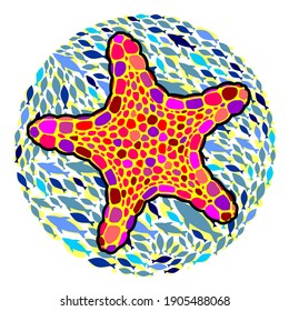 Beautiful sea star playing and swimming with little colorful fishes. Vector circle concept.