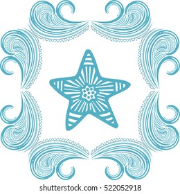 Beautiful sea star and waves. Vector illustration.