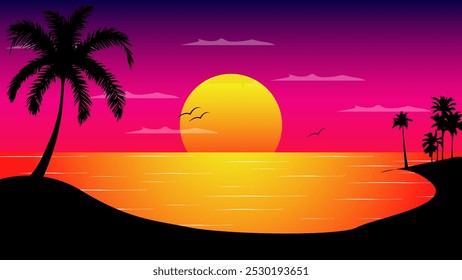 Beautiful sea summer background silhouettes of coconut trees and sea birds