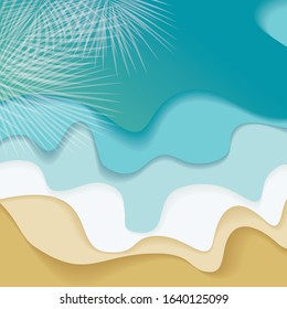Beautiful sea summer or spring abstract background with sand beach, blue ocean and palm branch, flat design.