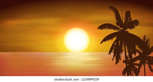 beautiful sea at sunset with coconut tree on clouds background , ocean summer, vector illustration 