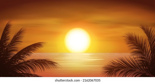 beautiful sea at sunset with coconut tree on clouds background , ocean summer, vector illustration 