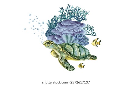 Beautiful sea turtle, coral, and fishes watercolor deep white background for print design.