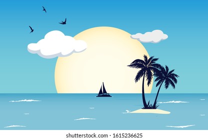 Beautiful sea vector background Illustrator design, Boat, Coconut Trees, EPS10 vector art