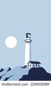 Beautiful sea view of the lighthouse in retro monochrome style.