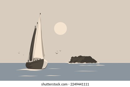 Beautiful sea view of the yacht or sea vessel in retro monochrome style.