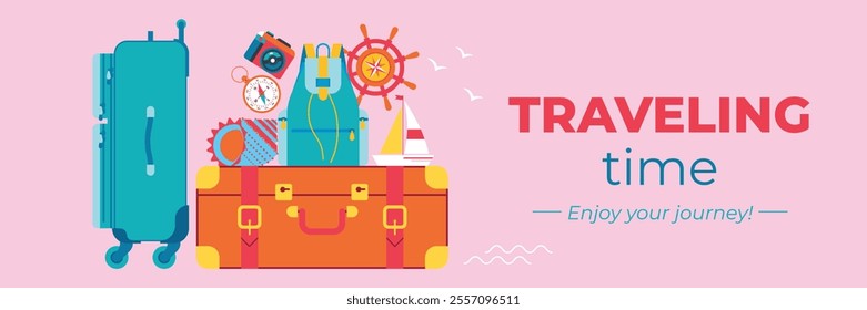 Beautiful sea voyage background with luggage, shell, yacht, compass, steering wheel. Bright background with symbols of sea and travel. Banner, flyer, invitation