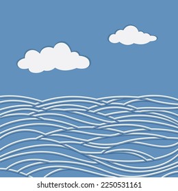 Beautiful sea wave and moon line art background design, vector illustration
