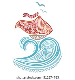 Beautiful sea wave and ship. Vector illustration.