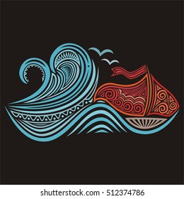 Beautiful sea wave and ship. Vector illustration.