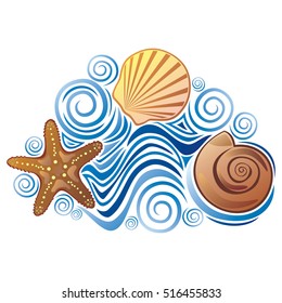 Beautiful sea waves and shells. Nature decorative element. Vector illustration.