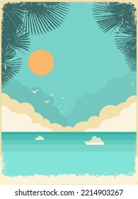 Beautiful sea waves vintage poster landscape with tropical palms and summer beach on blue sky hot sunshine on old paper texture
Exotic horizon vector background. Vector Illustration of Tropical palms 