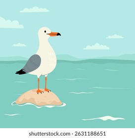 Beautiful Seabird Seagull stands on Rock in calm sea water. Seascape with turquoise water and sky with clouds. Vector illustration. Square poster with marine nature and bird