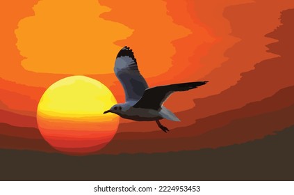 Beautiful Seagull flying in the sky during sunset. Vector Illustration