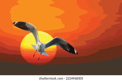 Hermosa gaviota volando en el cielo durante la puesta de sol. Ilustración vectorial