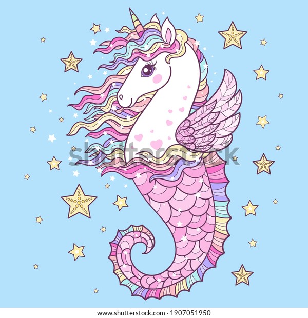 Beautiful seahorse unicorn. Fantastic animal. For\
children\'s design of prints, posters, postcards, badges, stickers.\
Vector