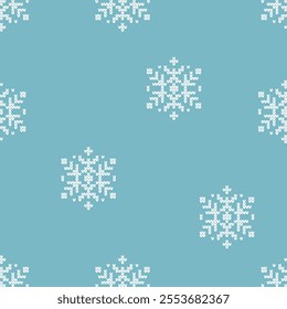 Beautiful Seamless 6-pointed Snowflakes Pattern With Knitted Embroidery Pixel Texture. Abstract Winter Christmas Blue Fabric Swatch, Wrapping Paper. Vector illustration