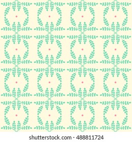 beautiful seamless abstract background with green leaves and pink dots