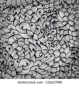 Beautiful seamless abstract hand drawn monochrome background with clouds, leaves and flames. Eps10