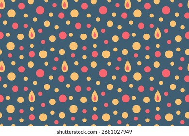 Belo padrão abstrato sem emenda de pontos polka multicoloridos no fundo cinza. Feriado, confete. Cor laranja, amarelo e vermelho. Para papel de parede, têxteis, embalagens, fundos ou sites.