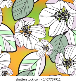 Beautiful seamless abstract pattern of white-lilac apple flowers and colored leaves, on orange-green gradient background, vector. Great for decorating fabrics, textiles, gift wrapping, advertising.