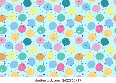 Beautiful seamless abstract polka dot pattern on  blue background. Orange, yellow, blue, dark green, green and pink colors. For wallpaper, textiles, packaging, background, website.