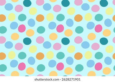 Beautiful seamless abstract polka dot pattern on  blue background. Orange, yellow, blue, dark green, green and pink colors. For wallpaper, textiles, packaging, background, website.