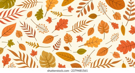 Beautiful Seamless Autumn Fall Leaves Background, beige, sale, decorative, vector illustration.