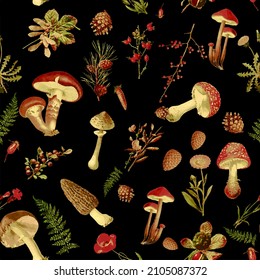 Beautiful Seamless autumn jungle theme pattern with mushrooms and another floral image assets, fall, texture perfect for mugs, fabrics, packaging t-shirts
