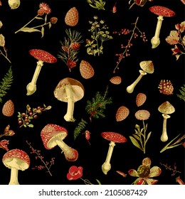 Beautiful Seamless autumn jungle theme pattern with mushrooms and another floral image assets, fall, texture perfect for mugs, fabrics, packaging t-shirts

