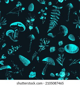 Beautiful Seamless autumn jungle theme pattern with mushrooms and another floral image assets, fall, texture perfect for mugs, fabrics, packaging t-shirts
